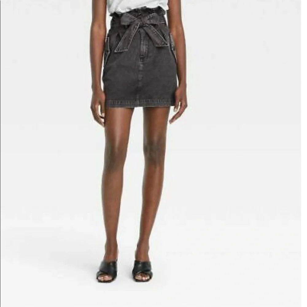 NWT Who What Wear Mini Jean Skirt Grey Paperbag Waist Pleated Belted w Tie sz 8